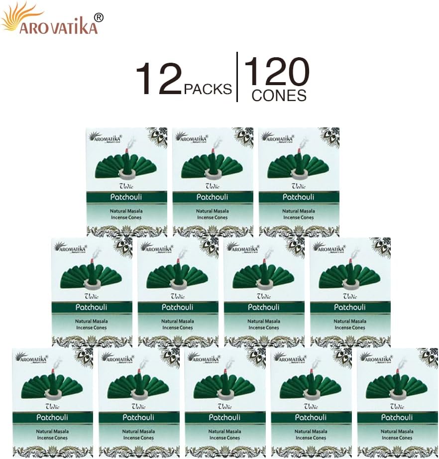 ARO VATIKA Vedic Patchouli Natural Masala 120 Incense Cones in Pack of 12 Boxes| Environment-Friendly Dhoop- Best for Prayer, Reiki, Meditation and Relaxation | Burn Time- 25 mins