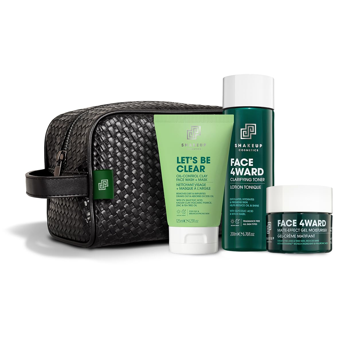 Shakeup - 4-Piece Mens Oil Control Skincare Gift Set, Oily & Acne Skin, Clay Face Wash, Clarifying Toner, Matte-Effect Moisturiser, Plus Wash Bag