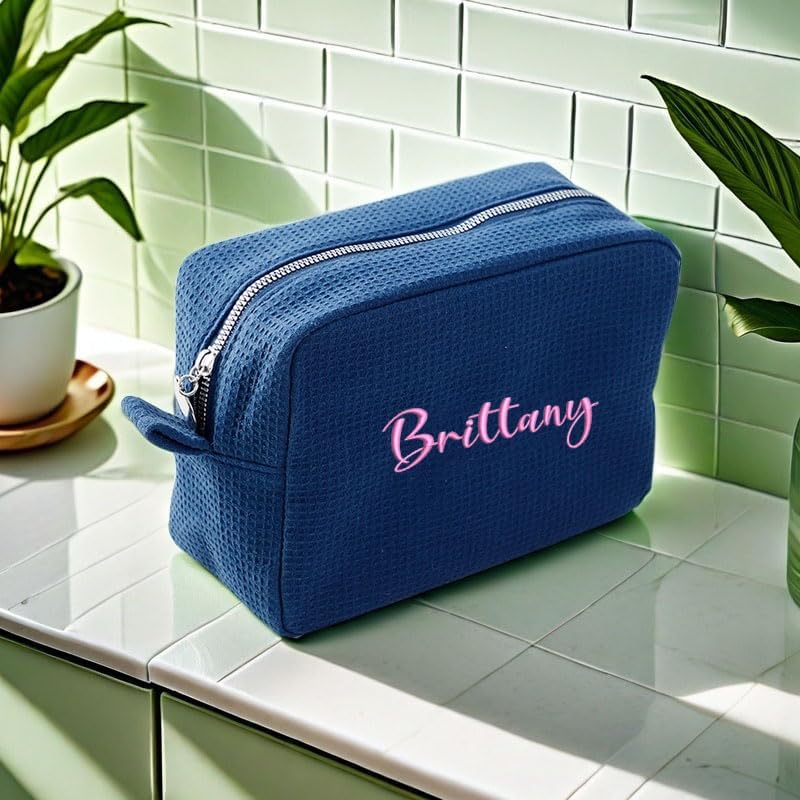 GOPHIE Personalized Embroidered Makeup Bag,Custom Waffle Fabric Cosmetic Pouch for Women, Travel Makeup Pouch (1, Navy Blue)