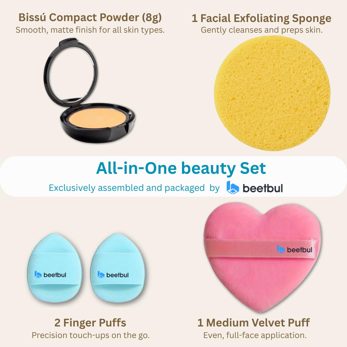Beetbul Makeup & Exfoliation Kit - Bissú Compact Powder + 1 Medium Velvet Puff + 2 Finger Puffs + 1 Facial Exfoliating Sponge (03 Nude, One Size)