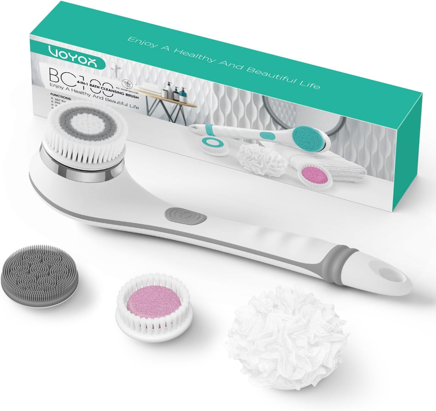 VOYOR Electric Body Brush Back Scrubber for Shower Rechargeable Exfoliating Bath Brush Powered Shower Brush with Non-Slip Long Handle Deep Cleansing, Exfoliation, Massaging Spin Brush BC100 (Gery)