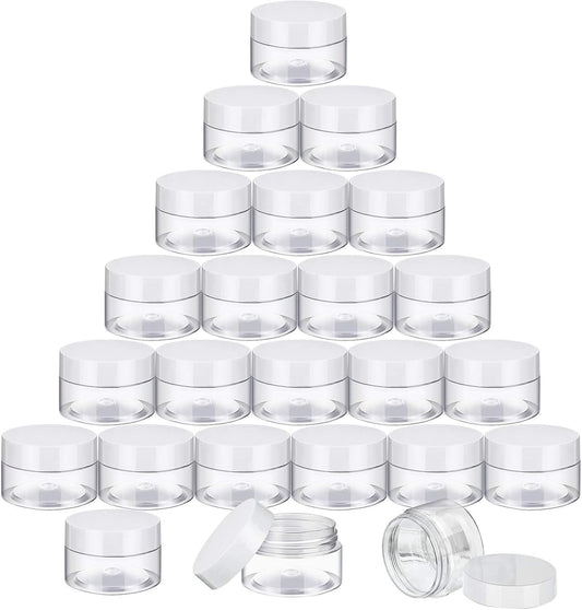 SATINIOR 24 Pieces Empty Clear Plastic Jars with Lids Round Storage Containers Wide-Mouth for Beauty Product Cosmetic Cream Lotion Liquid Butter Craft and Food (White Lid, 1 oz)
