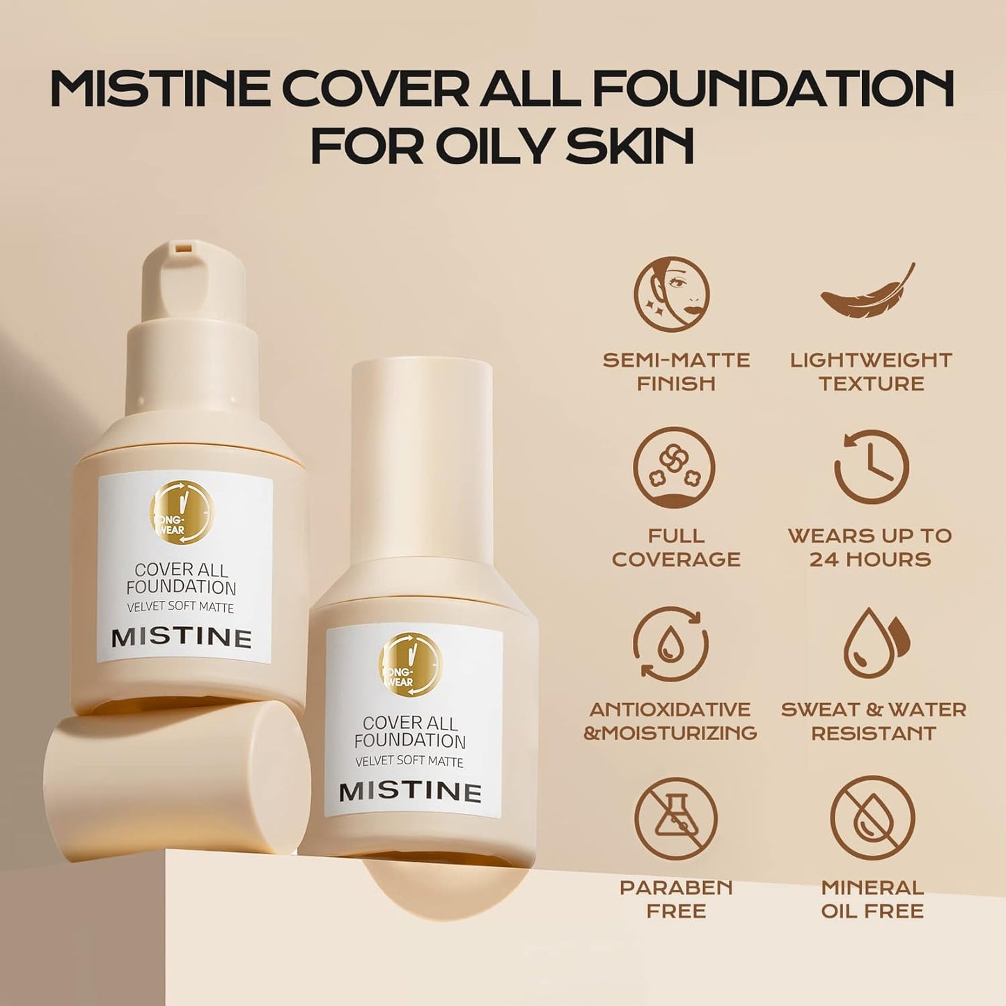MISTINE Liquid Foundation Makeup Full Coverage Foundation for Oily Skin,24 Hour Oil Control Makeup Foundation,Skin-Caring,Moisturizing Formula,Waterproof Foundation,Matte Finish,Satin,1 Fl Oz