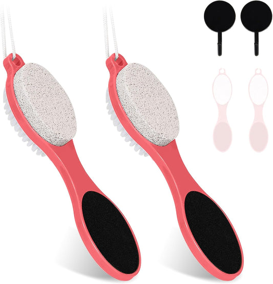 Foot File Callus Remover-2 Pcs 4 in 1 Foot Scrubber Dead Skin Remover for Feet,Pumice Stone, Foot Rasp and Sand Paper for Home Foot Care,Foot Brush for Shower (Red Pedicure Foot File)
