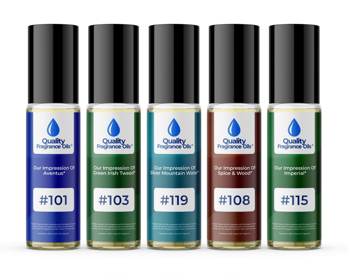 Quality Fragrance Oils' Men's Top 5 Niche Cologne Impressions #1 (Generic Versions of Niche Designer Fragrance) Sampler Gift Set of 5 10.35ml Roll-ons