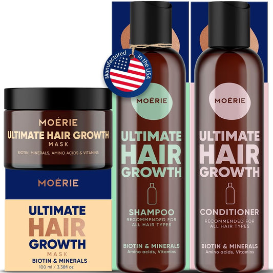 Moerie Ultimate Mineral Shampoo and Conditioner Set - Vegan Friendly, Paraben Free, Hair Growth Products for Longer, Thicker, Fuller Hair - Includes Hair Mask