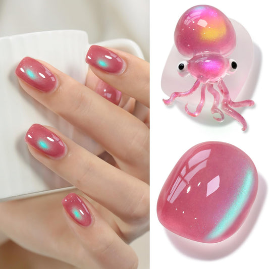 Double Rhythm Jelly Glass Cat Eye Gel Polish with Magnet 15ML Holographic Glitter Shimmer Translucent Sheer Color Magnetic Nail Polish Salon DIY at Home (Pink Teal-MC1267)