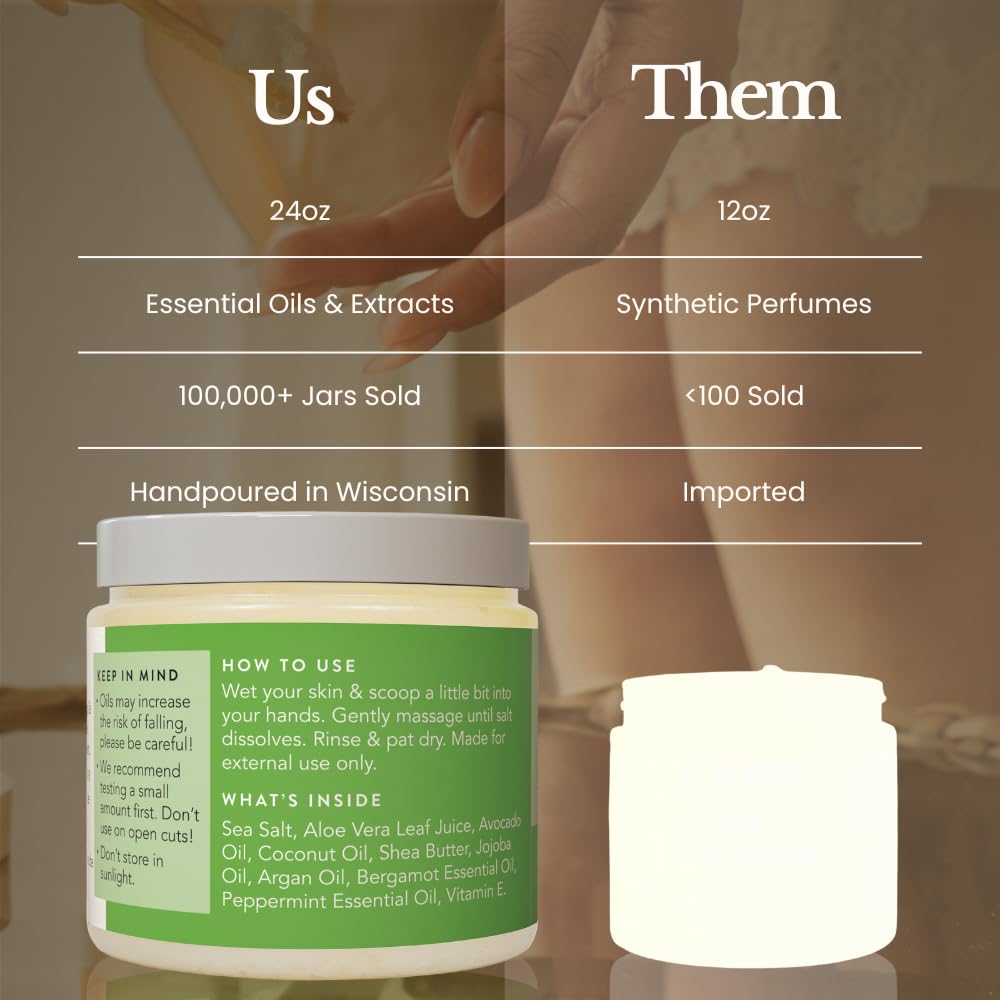 Bare Botanics Bergamot Mint Body Scrub 24oz | Made in Madison, WI | All Natural Sea Salt Exfoliator w/ Skin Loving Moisturizers | Vegan & Cruelty Free | Gift Ready Packaging w/ a Cute Wooden Spoon