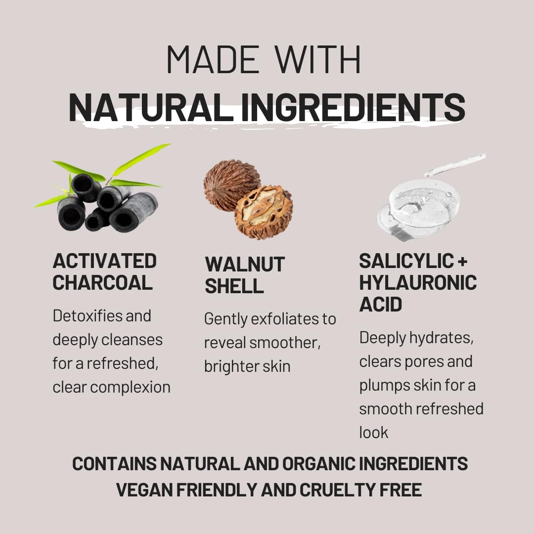 Black Oud Charcoal Men’s Face Scrub & Mask – Deep Cleansing Exfoliating Clay Face Wash with Activated Charcoal, Salicylic Acid & Hyaluronic Acid – Clears Pores & Revives Skin – 50ml