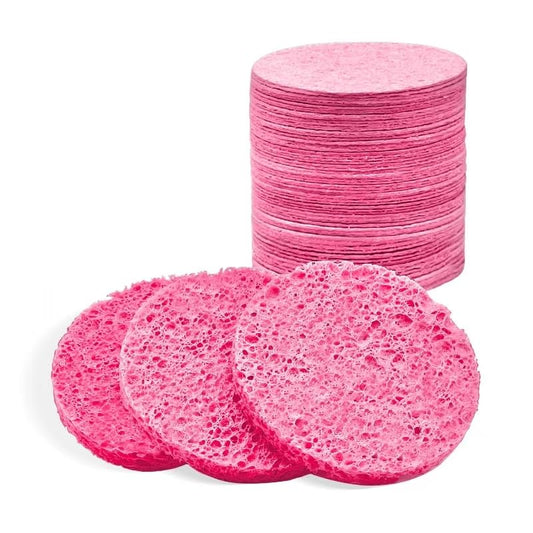 50-Count Facial Sponges, Compressed Natural Cellulose, Pink, Round Shape, Face Cleansing, Exfoliating, Makeup Removal