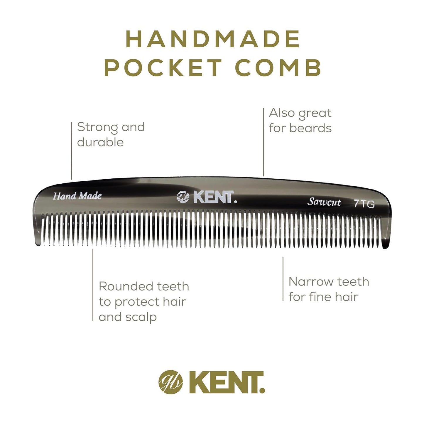 Kent 7T G All Fine Tooth Pocket Comb - Handmade Hair Grooming and Styling Comb for Travel, Mustache, Beard - Saw Cut and Hand Polished for Wet or Dry Use with Balms