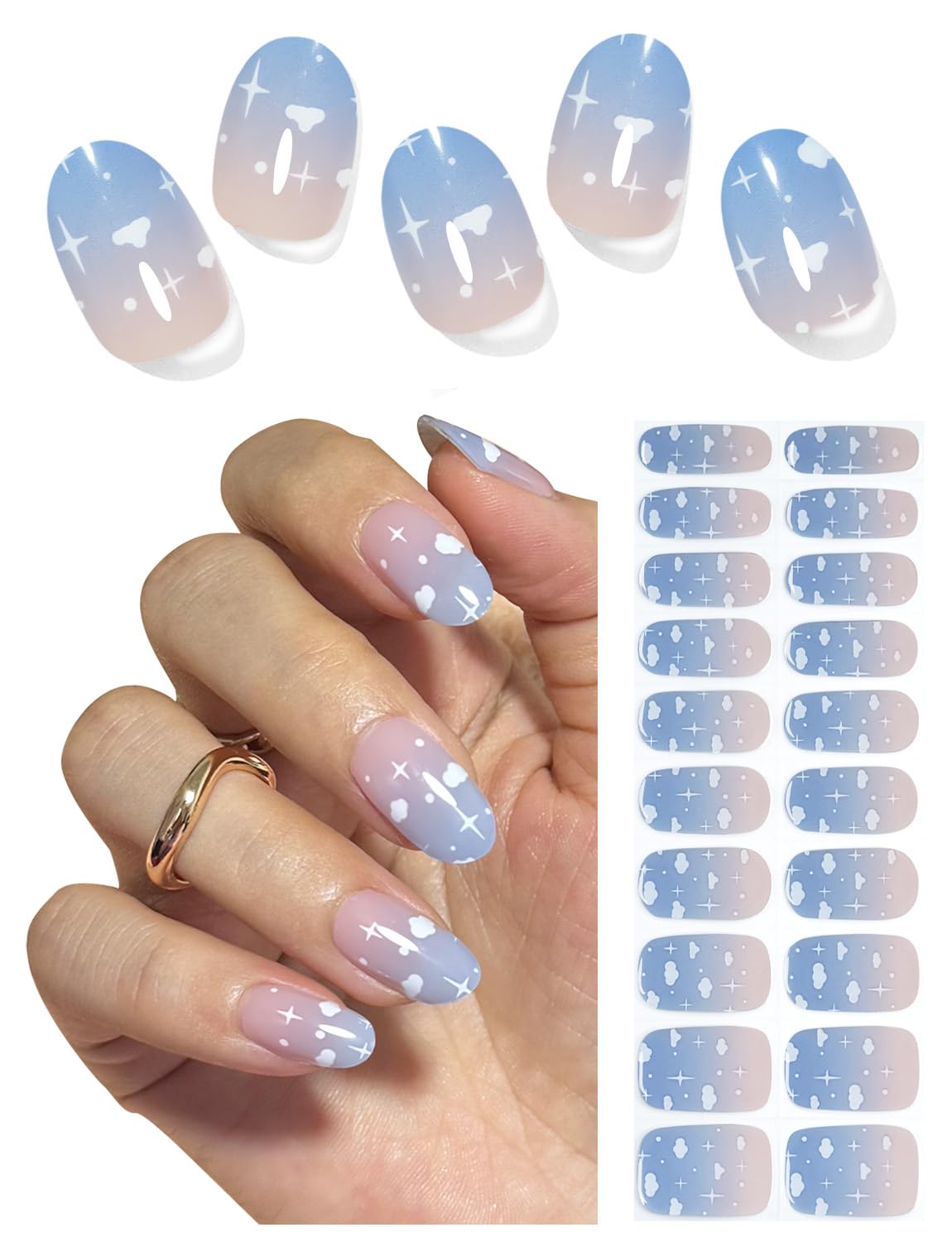 Semi Cured Gel Nail Strips, 20pcs Clound Gel Nail Stickers UV for Home Nails DIY