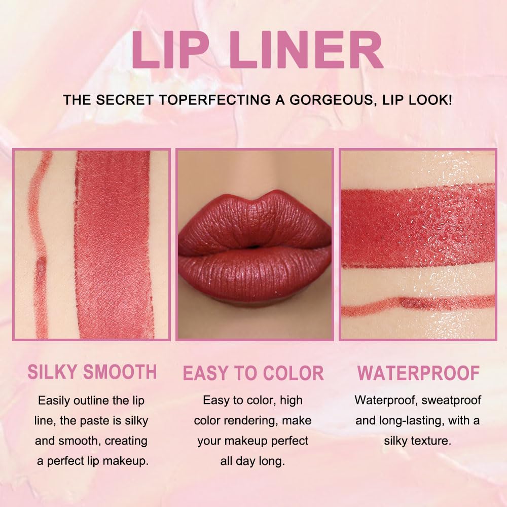 Kaely 2-in-1 Mauve Red Metallic Lip Liner & Lipstick Set Kit for Women, Lips Kit with Lip Liner Lip Stains Long Lasting Waterproof 24 Hour Lipstick and Lip Liners Combo Lipliners Pencil Set 08