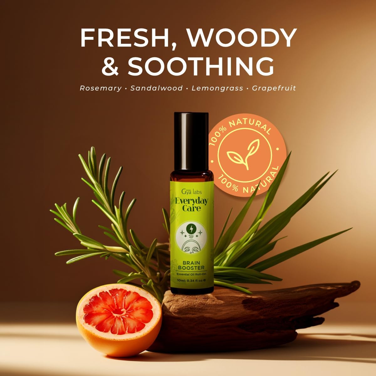 Gya Labs Brain Booster Essential Oil Roll on - Refreshing Brain Essential Oils Roller, 100% Pure Natural, Blend with Rosemary, Sandalwood, Lemongrass & Grapefruit, Travel Size (0.34 Fl Oz)