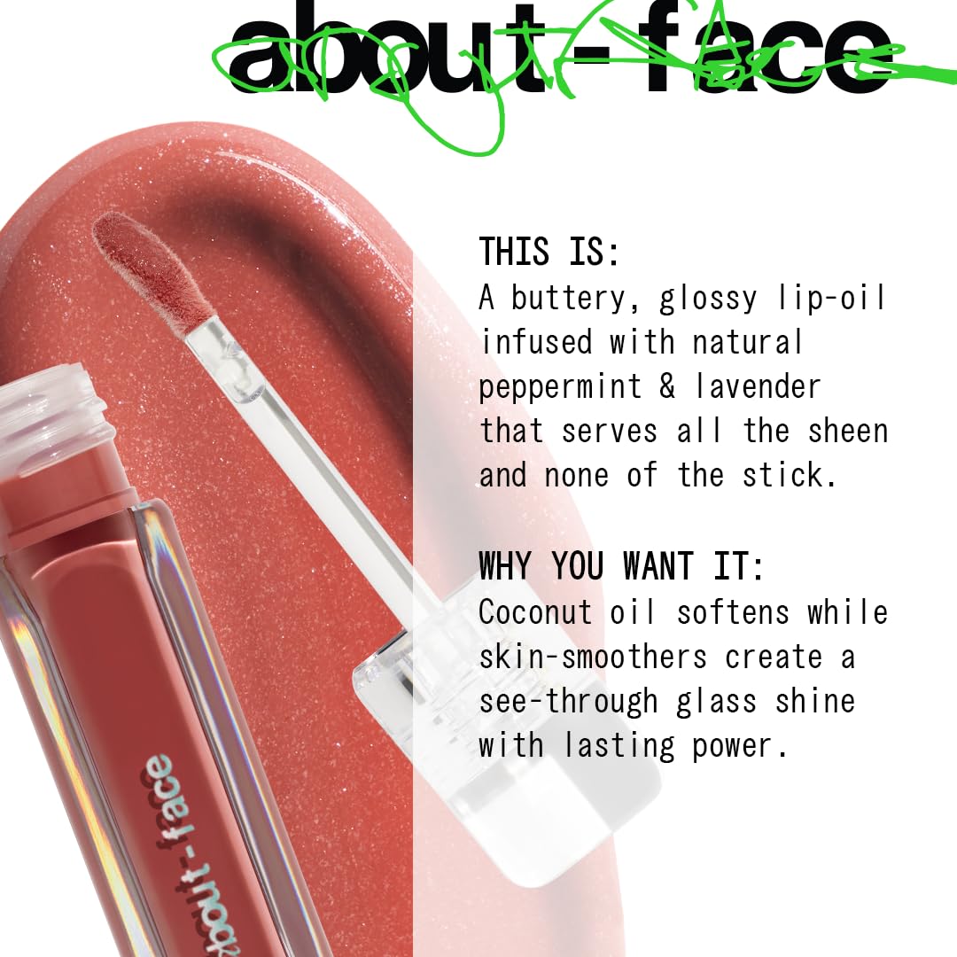 about-face Light Lock Lip Gloss Angel On Fire – Non-Sticky, High-Shine Lip Oil Gloss with Coconut Oil, Peppermint & Lavender – Vegan, Cruelty-Free, Clean Beauty – 0.21 oz (Iced Mauve)