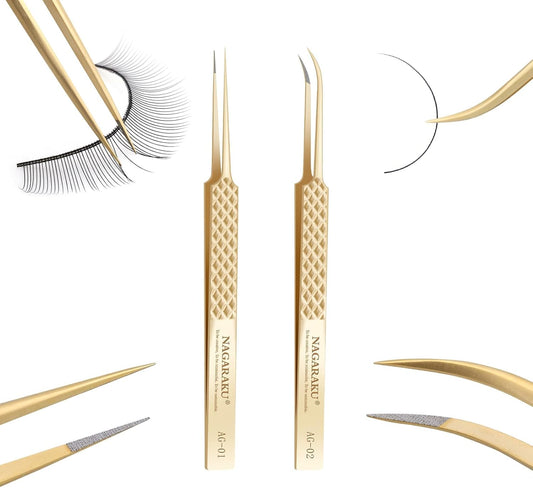 NAGARAKU 1 Pair Precision Fiber Tip Tweezer for Eyelash Extensions Professional Eyelash Tweezers Antistatic Straight & Curved Tip Tweezers with Box(Isolation & Volume Lash Tweezers AG-01 & AG-02)