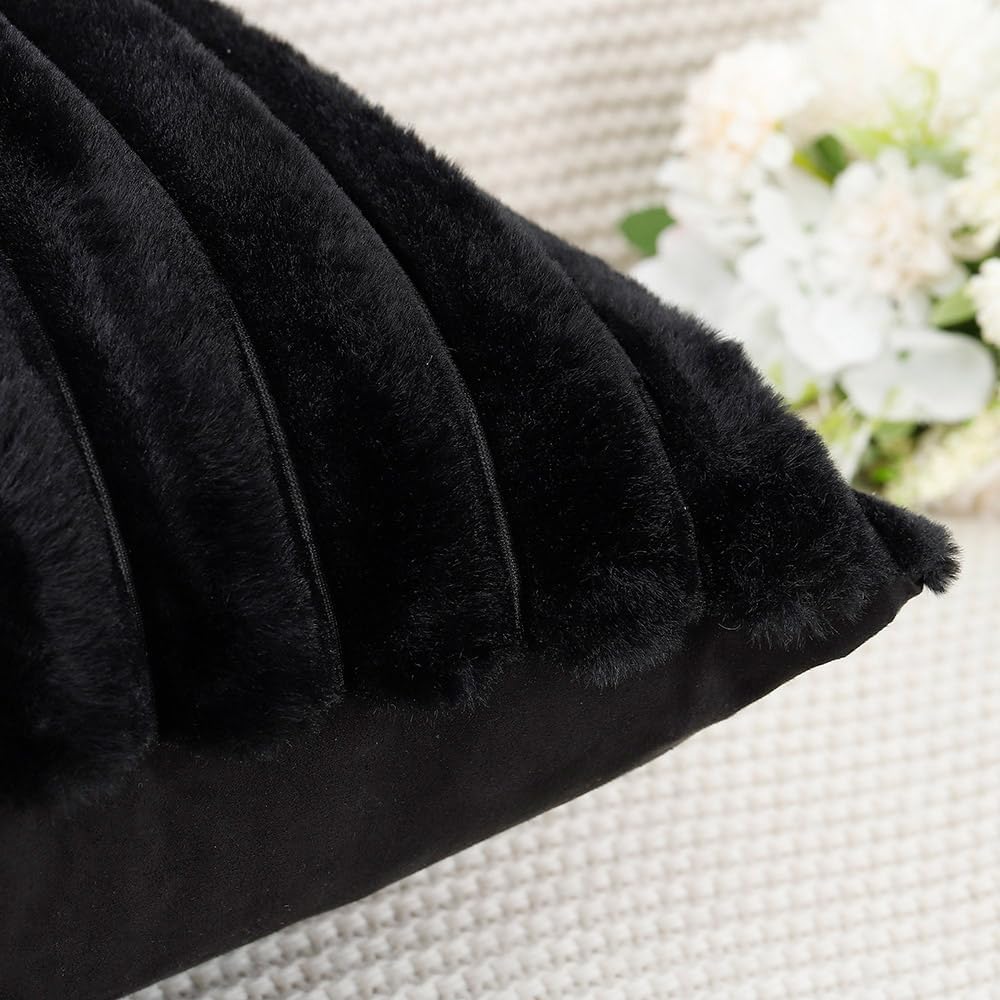 MADIZZ Set of 2 Faux Wool Plush Decorative Throw Pillow Covers 16x16 Inch Black Fluffy Striped Soft Decorative Cushion Cover for Sofa Bedroom Pillow Shell