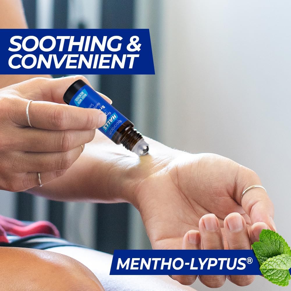 Halls Breathe Essential Oil Roll On Mentho-Lyptus – Refreshing Menthol and Eucalyptus Blend for Focus and Breathing Support, On-The-Go Wellness Aroma, 10mL Non-Greasy Skin Formula