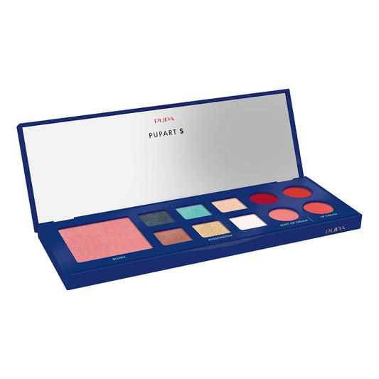 Pupa Milano Pupart S Makeup Palette, 004 Blue, 0.4 oz - Versatile Makeup Kit - Blush for Cheeks - Eyeshadow - Lip Gloss - Lip Cream - Face Makeup