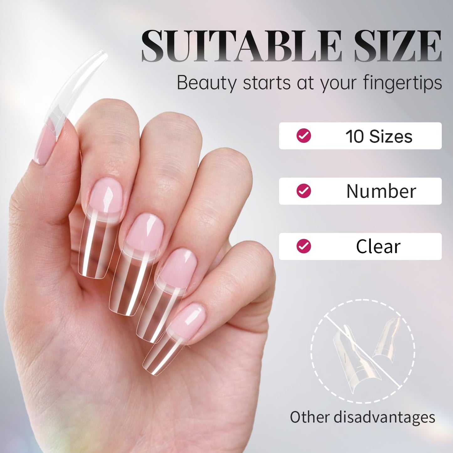 krofaue 100PCS Clear False Nails Tips and Nail Gule Kit, Half Cover Lady French Style Acrylic Artificial Tips 3Pcs Nail Glue for Nail Extension kit Nail Tips Art Salons and Home DIY