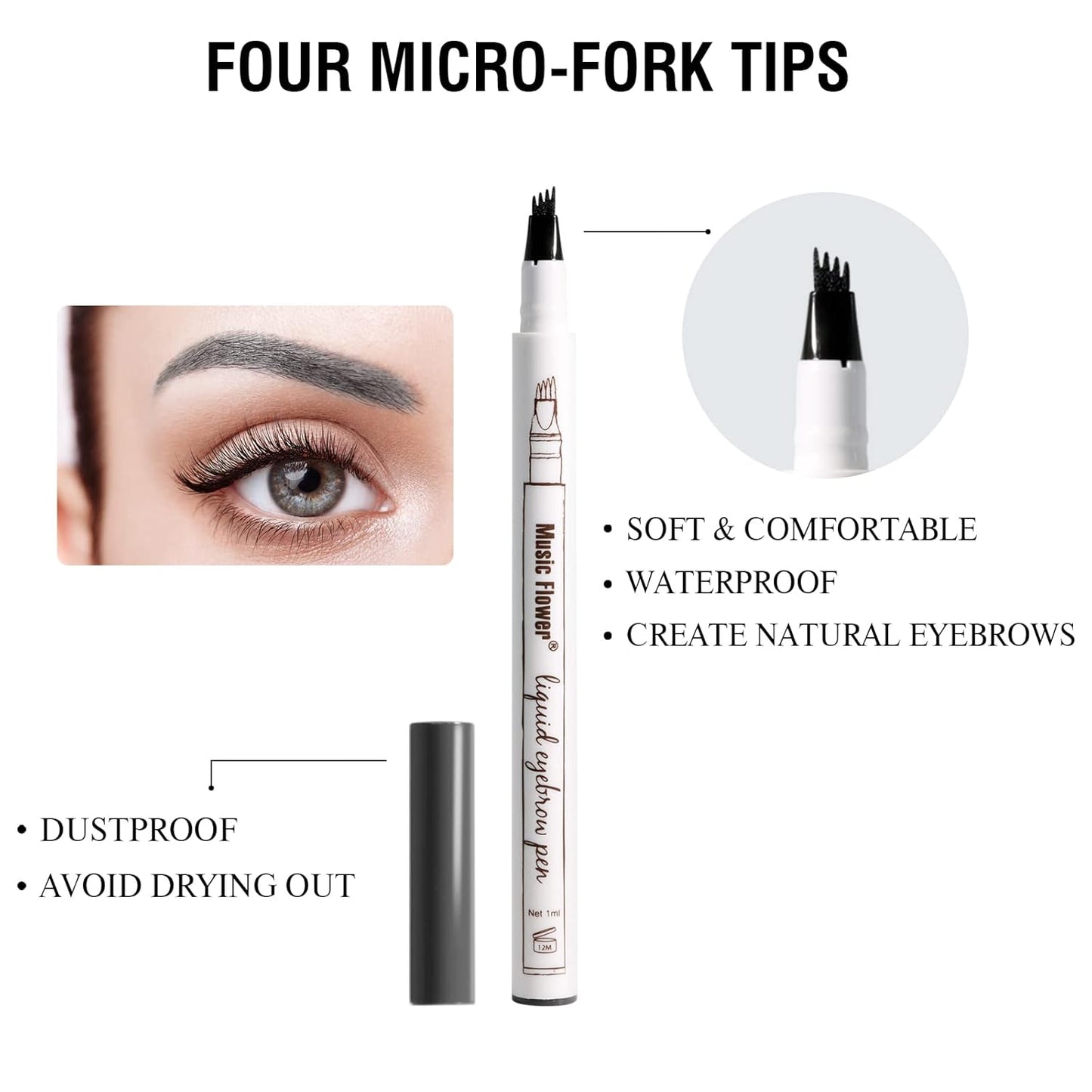 Music Flower Eyebrow Pen, Liquid Eyebrow pen, Waterproof Brow Pencil with Micro-Fork Tip, Smudgeproof Long Lasting Fine Sketch Microblading Pen-Dark grey