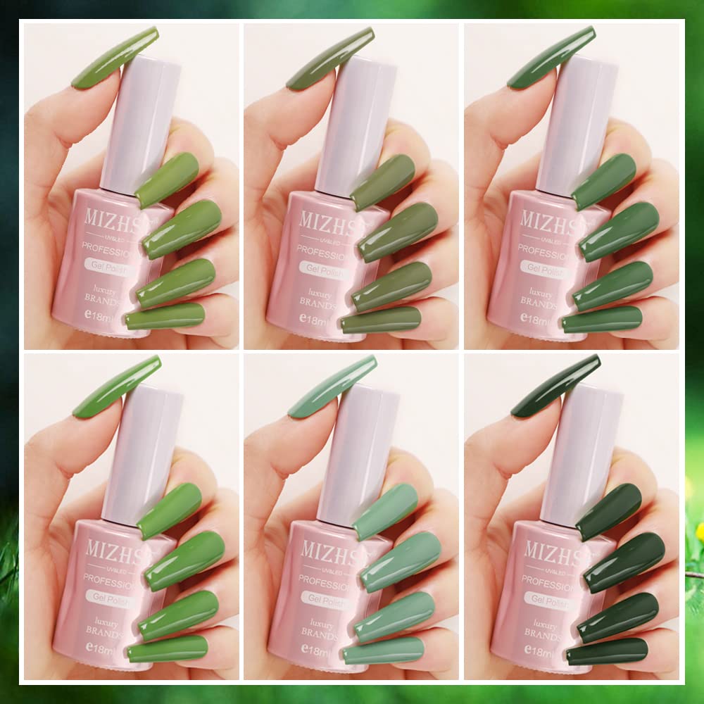 MIZHSE Green Gel Nail Polish Set, Avocado Green Gel Polish, 18ml*6 Colors Olive Neon Green U V/LED Needed, Gel Nail Kit with Gift Box Soak Off Gel for Nail Salon