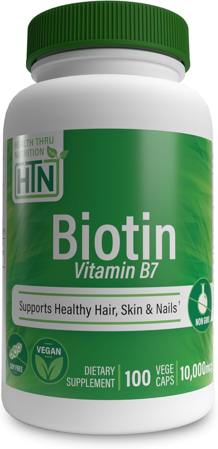 Health Thru Nutrition Biotin 10,000mcg Vegan 100 Capsules | Vitamin B7 | Hair, Skin, Nail Support & Keratin Production | Non-GMO, Soy-Free, Gluten-Free, Hypoallergenic