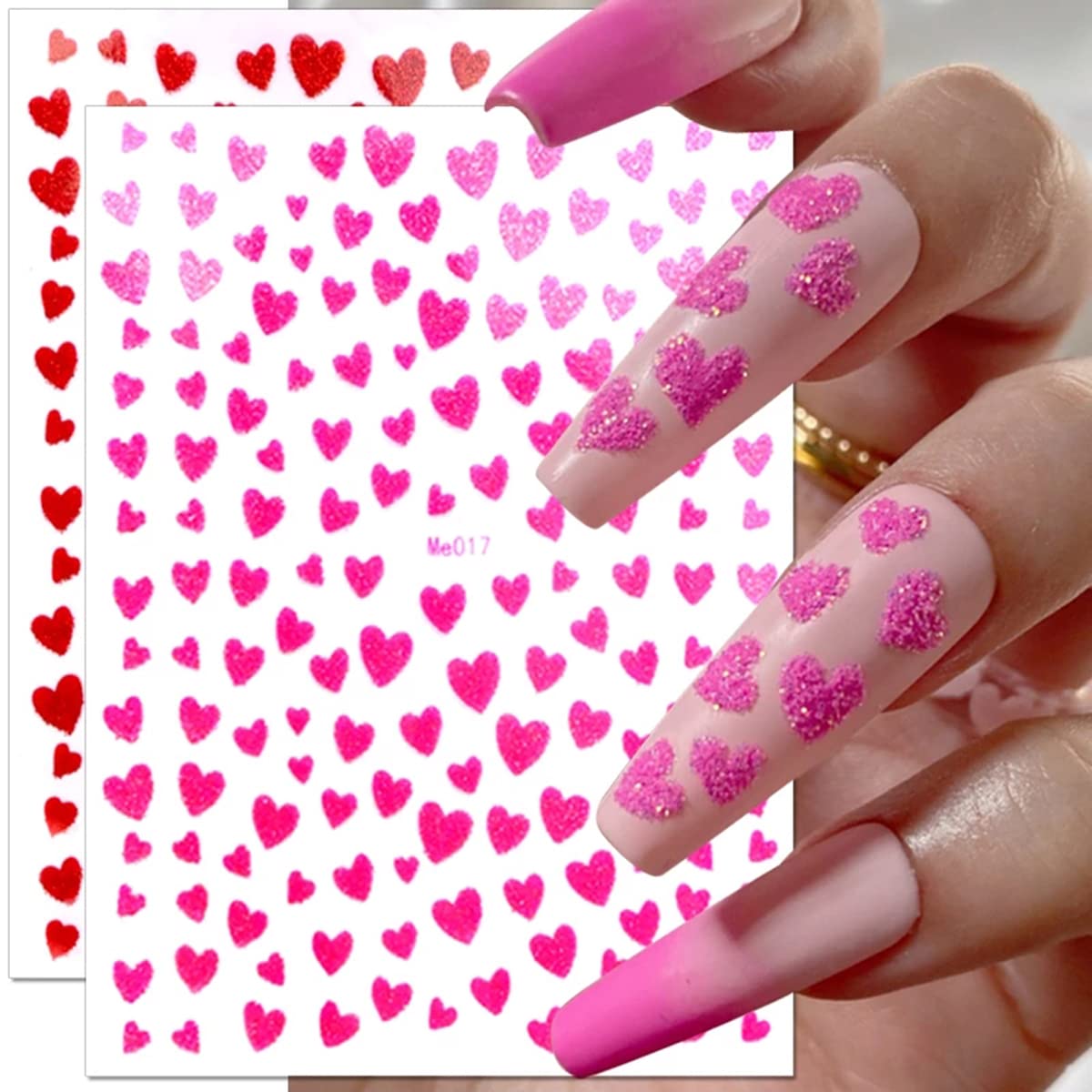 10 Sheets Heart Nail Stickers - 3D Self-Adhesive Valentine's Day Nail Art Stickers - Shiny Love Heart Nail Decals - Gold, Silver, Black