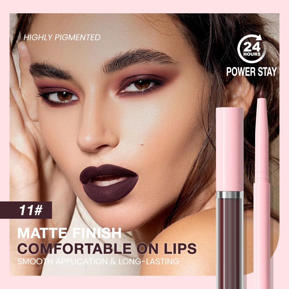 evpct Retractable 1Pcs Lip Liner Pencils and 1 Pcs Lip Gloss Makeup Set for Shaping & Sculpting Lips, Plum Long-Lasting Waterproof Longwear Matte Rich Lip Colors Liner Crayon Liquid Lipstick 11#