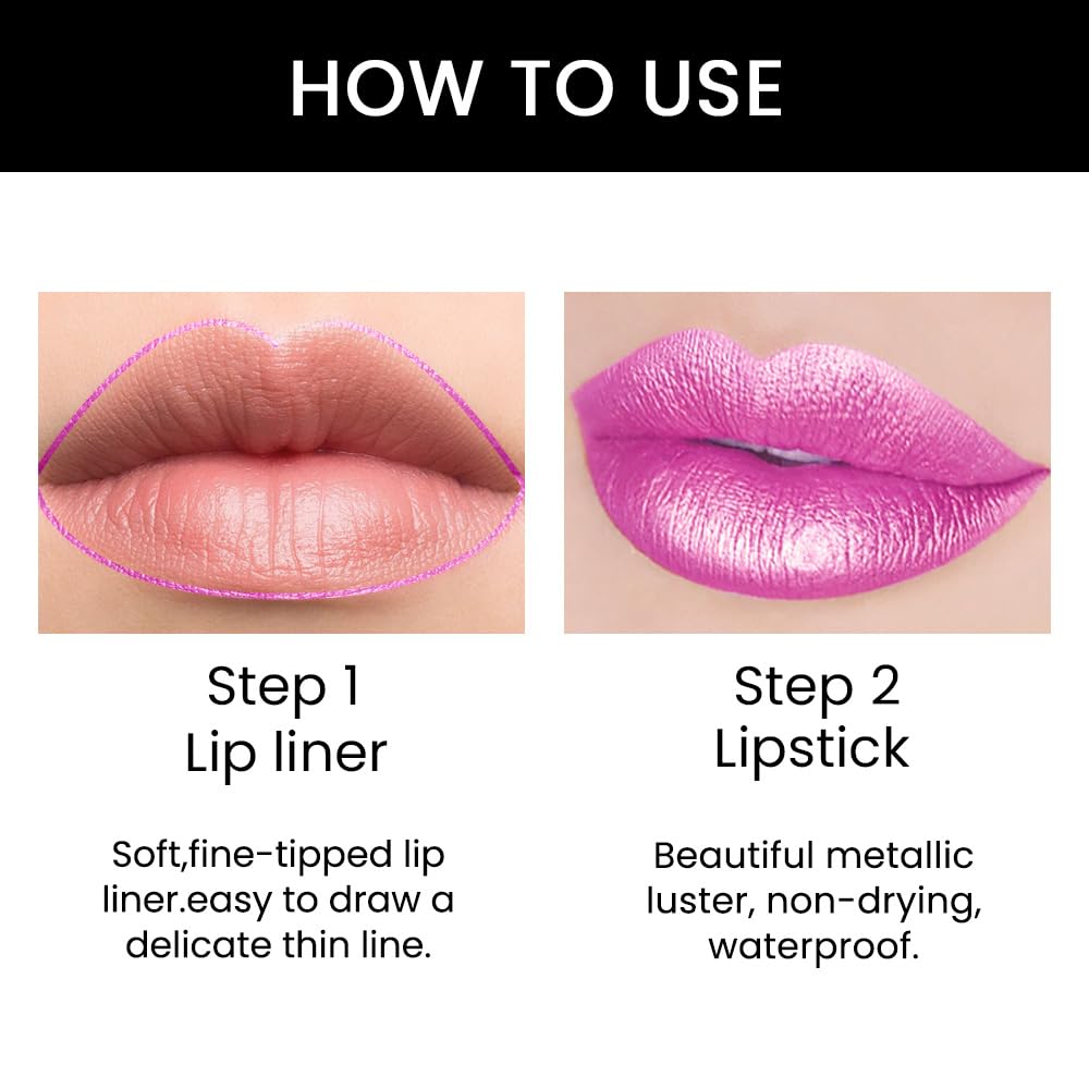 Kaely 2-in-1 Pink Metallic Shine Shimmer Lip Liner & Lipstick Combo Set Kit for Women, Lightweight Hydrating Formula High Impact Full Coverage Lipstick and Lip Liner Makeup Stains Gloss 19