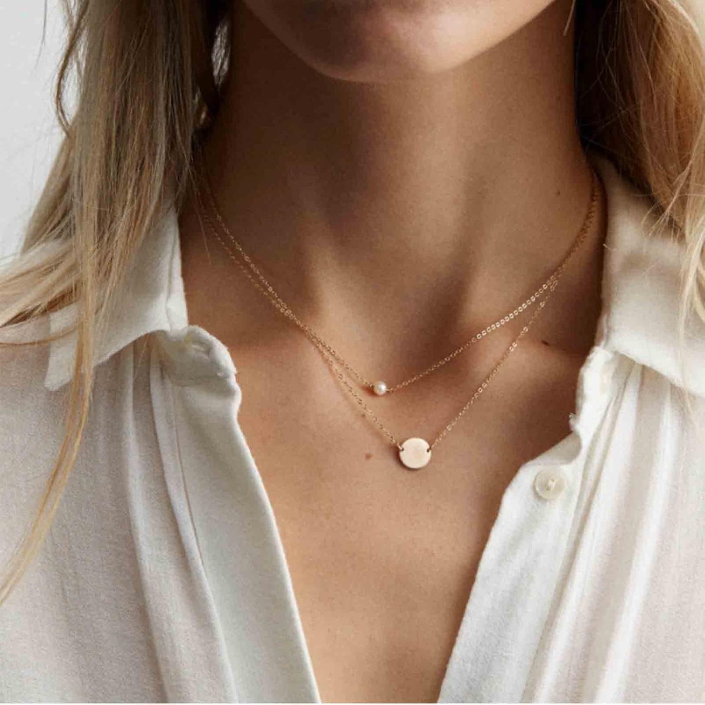 Boho Layered Pearl Necklace Choker Gold Coin Disc Necklace Tiny Pearl Pendant Necklace Chain Vintage Layering Round Circle Necklace Jewelry for Women and Girls
