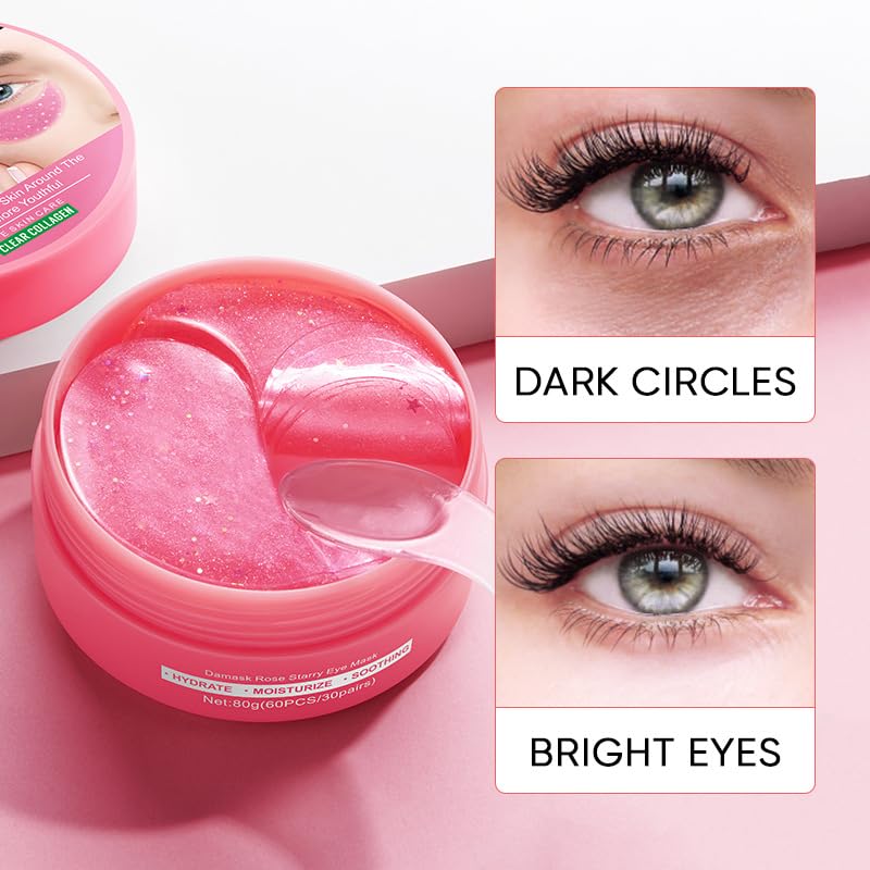 60pcs/30pairs Rose Hyaluronic Acid Eye Masks,For Moisturizing Eye Patches, Firming Eye Skin, Smoothing Fine Lines, Starry Eye Masks, More Youthful 80g.