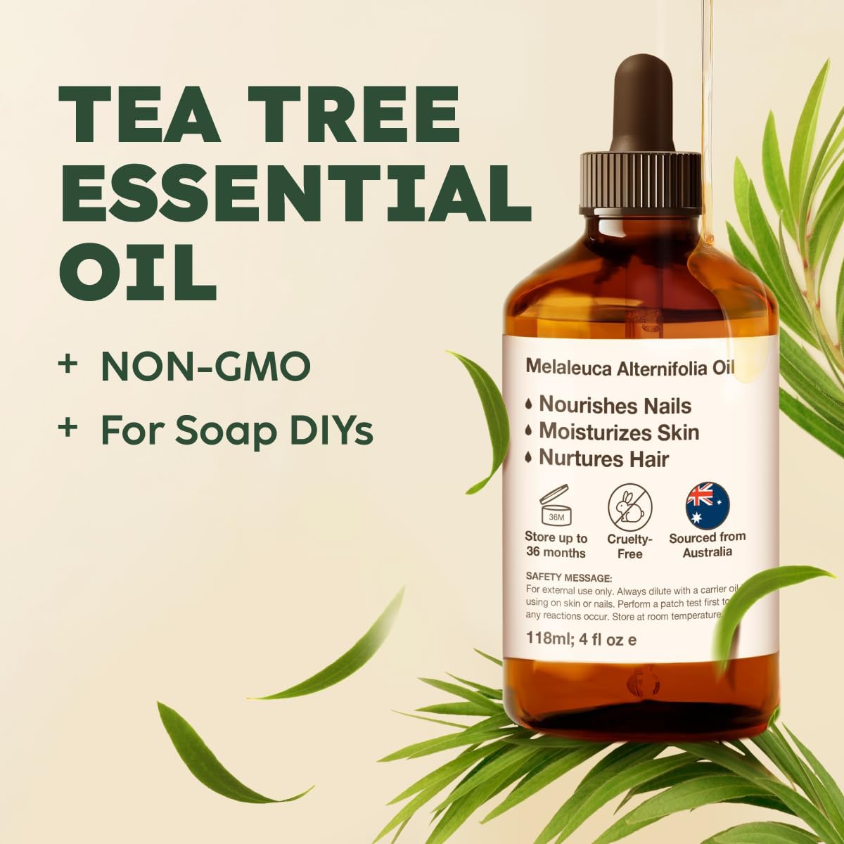Kukka Essential Oils Tea Tree Oil for Skin, Hair, Nails & Toenails, Aromatherapy - 4 Fl Oz / 118 ml, DIY Soap Making Scents