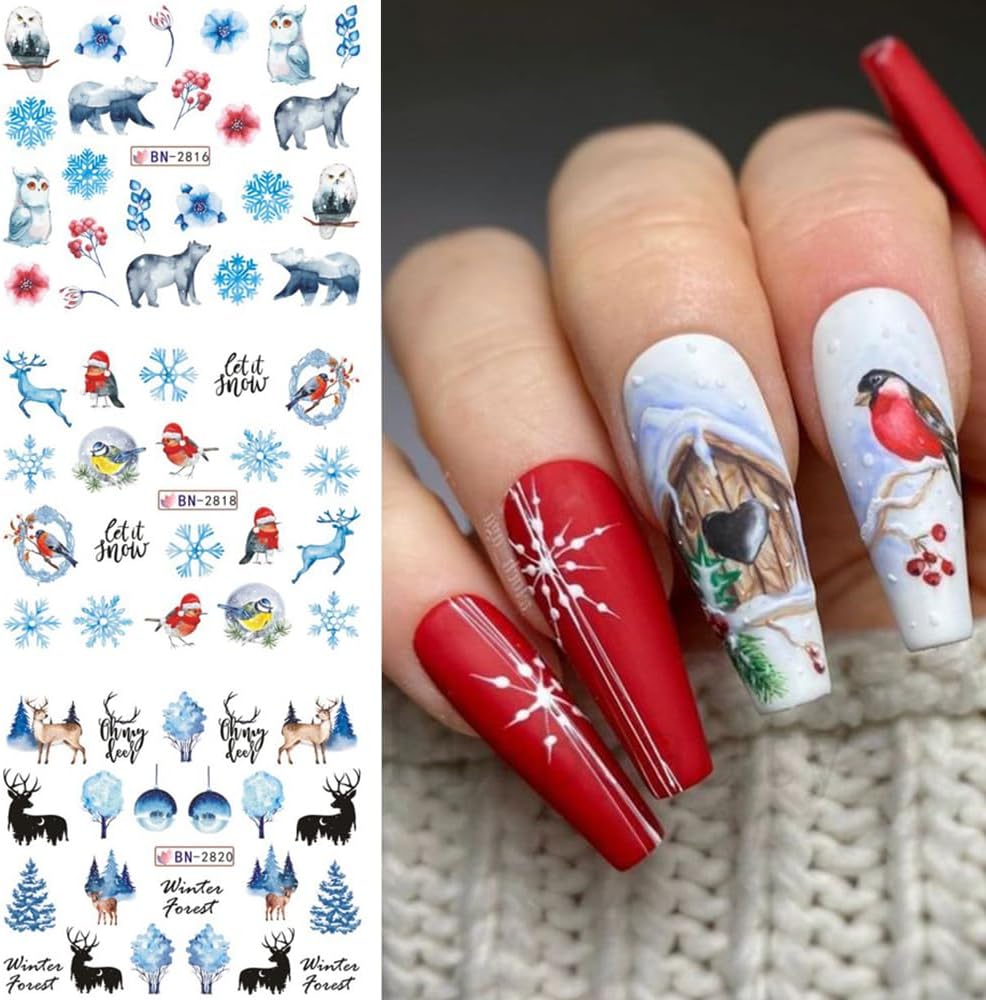 12 Sheets Snowflake Nail Art Stickers Water Transfer Nail Decals Christmas Nail Art Decorations Blue Snowflake Elk Santa Tree Bear Cute Winter Pattern Watermark Nail Stickers for Women DIY Nail Supply