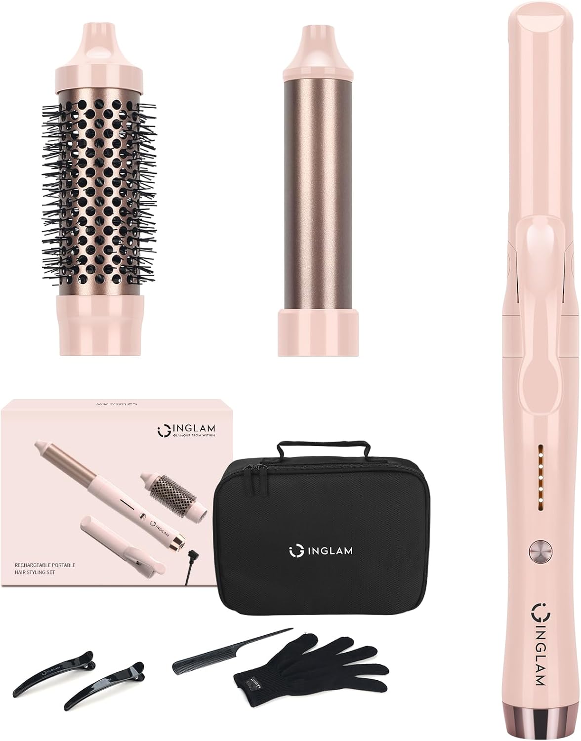 IG INGLAM 3 in 1 Cordless Detachable Hair Styling Set with 1'' Flat Iron, 1.25" Curling Wand, 1.5" Thermal Brush, Rechargeable Portable for Travel, Gift for Women