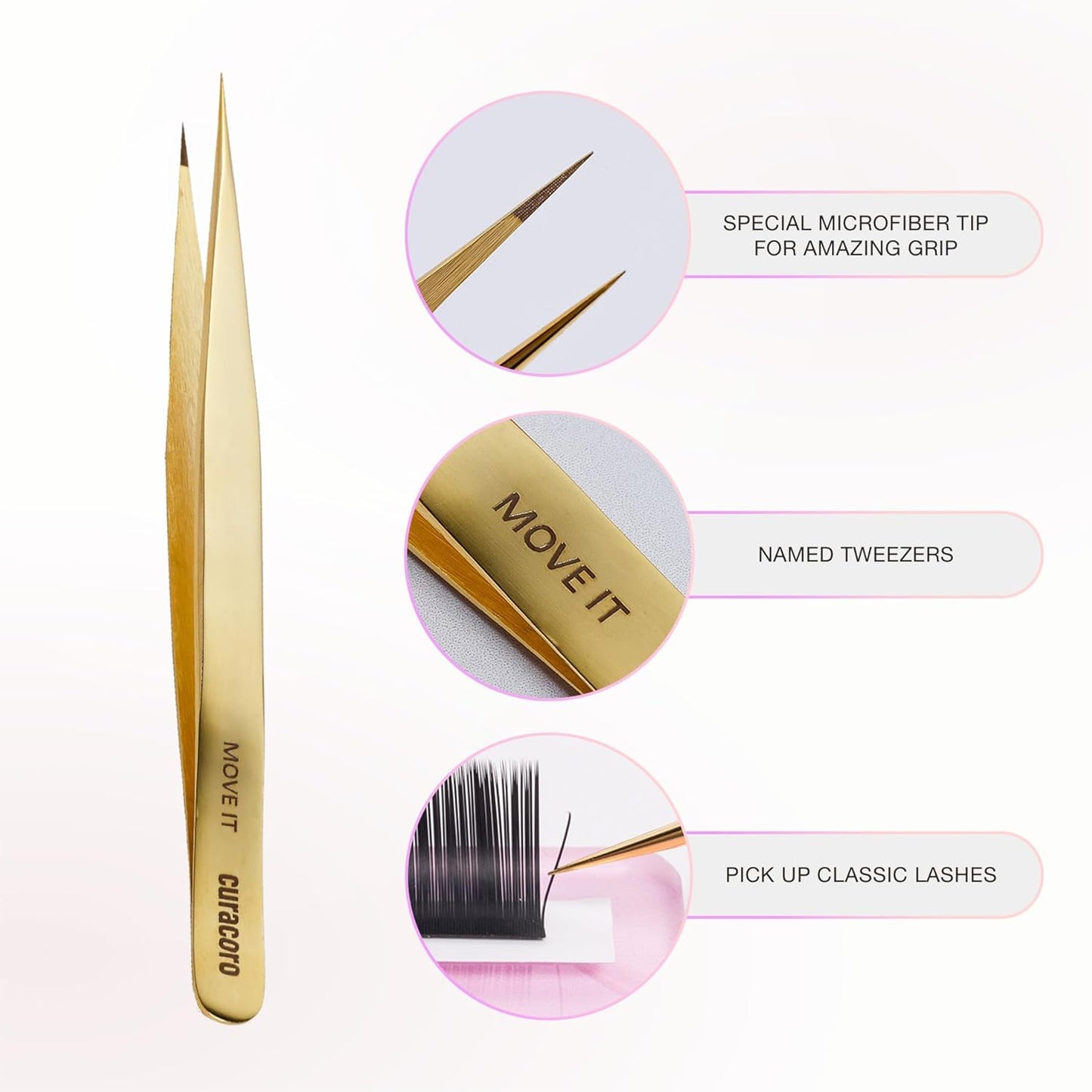 Curacoro Lash Tweezer - Professional & Precision Fiber Tip Grip Lash Tweezers for Eyelash Extensions, Multi Shapes & Purposes Tweezers for Volume, Isolation & Classic Lashes (Gold, Move It)