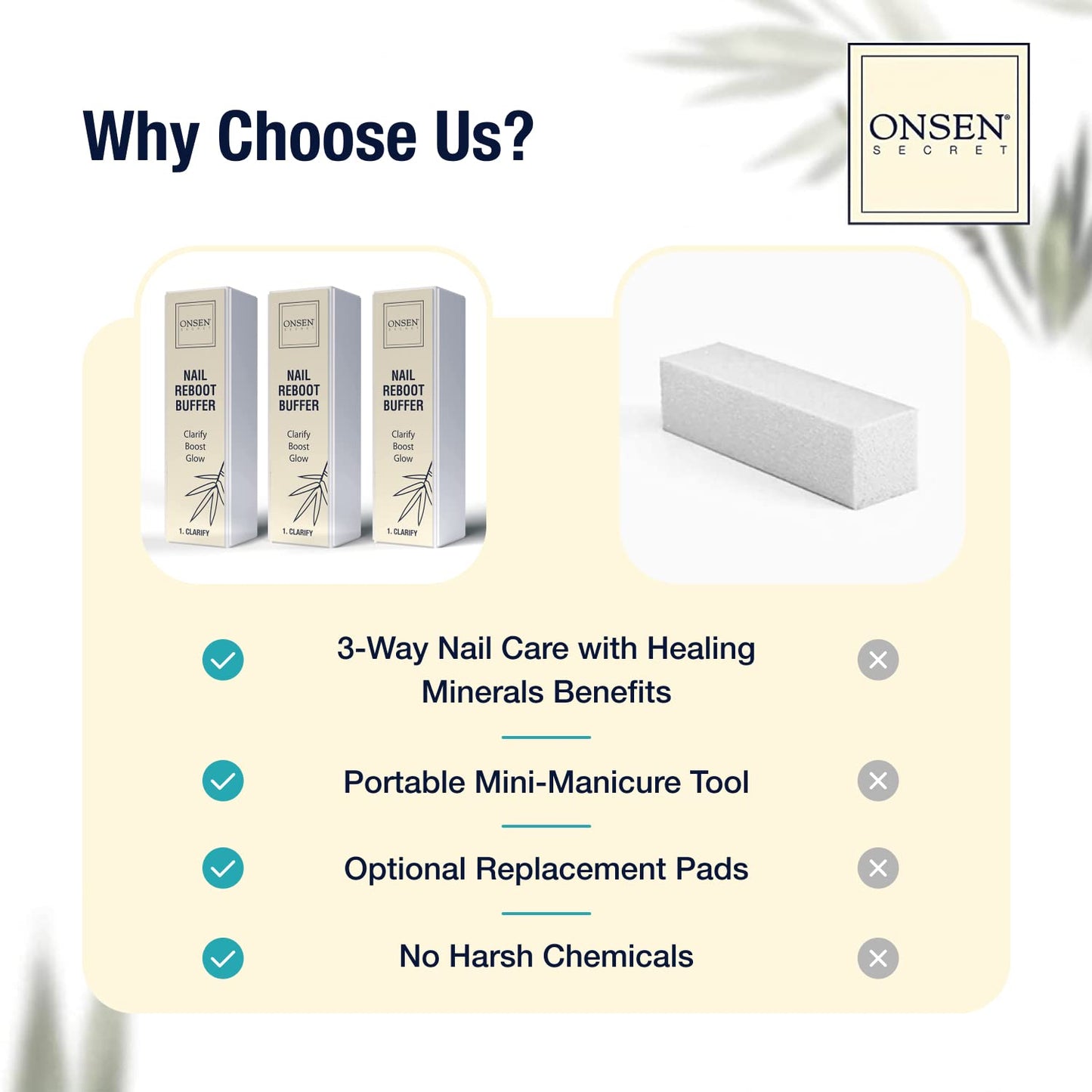 Onsen Secret Professional Nail Buffer Block | 4-Way Buffing for Natural Shine & Healthy Natural Nails - Includes 2 Extra Shine Pads, Salon-Quality, Post-Gel & Acrylic Recovery | 3 Pack