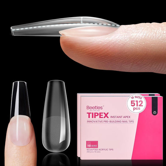 Beetles Tipex Instant Apex Nail Tips, 2 Boxes 256 PCS (Total 512 PCS), Pre-etched Long Coffin Acrylic Gel Nail Tips, Thick Clear Full Cover False Nails