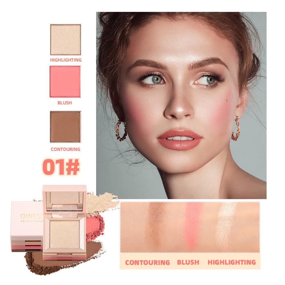 Contour and Highlight Blush Makeup Palette, Cream Bronzer, Silky Smooth Powder Blush, Shimmer Highlighter Makeup Powder, 3-in-1 Mixable Three-Piece Eyeshadow Palette with Mirror (01#)