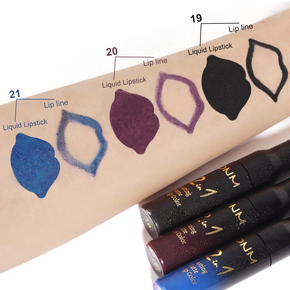 evpct 3Pcs Dark Black Purple Royal Blue Matte Lip Liner and Liquid Lipstick Lip Stain Makeup Set Smudge Proof, 24 Hours Original Long Lasting Matte Lipstick Waterproof labial mate larga duracion 24