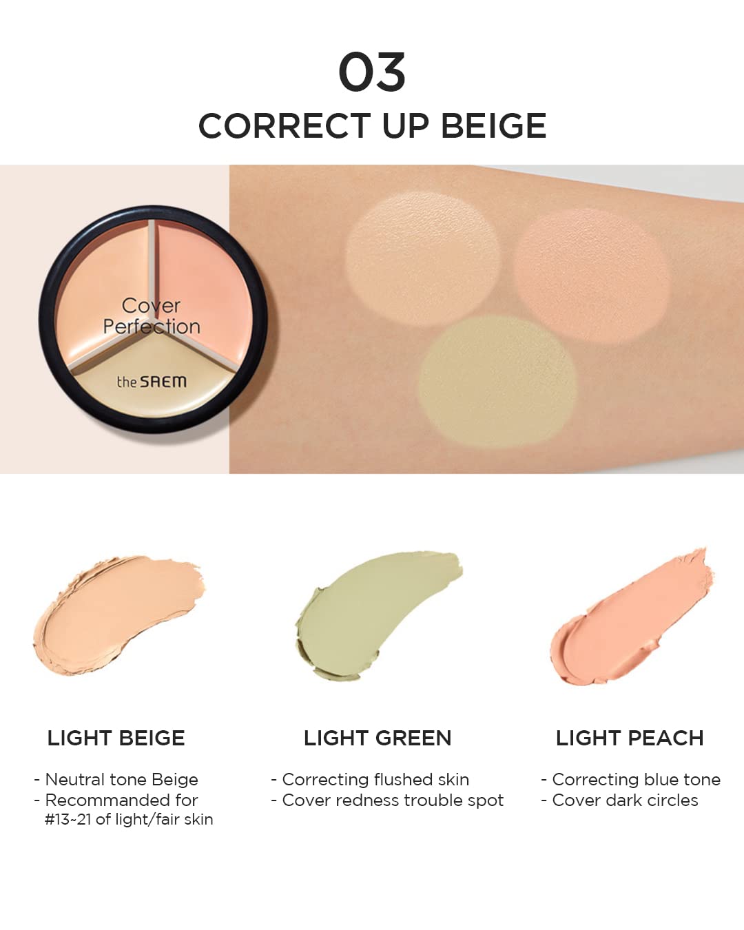 THESAEM Cover Perfection Triple Pot Concealer 03 Correct Up Beige - for Fair to Light Skin Tone - 3 Color Full Coverage Concealer - Covers Blemishes Spots, Dark Circles, Redness Skin