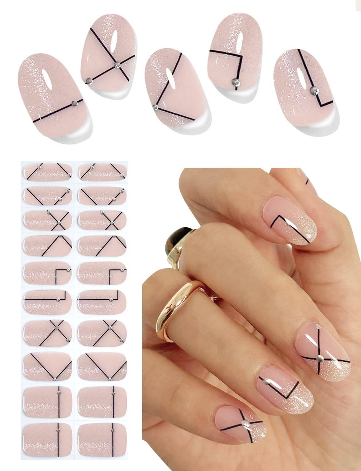 Semi Cured Gel Nail Strips, 20pcs Cat Eye, Lines, Gel Nail Stickers UV for Home Nails DIY