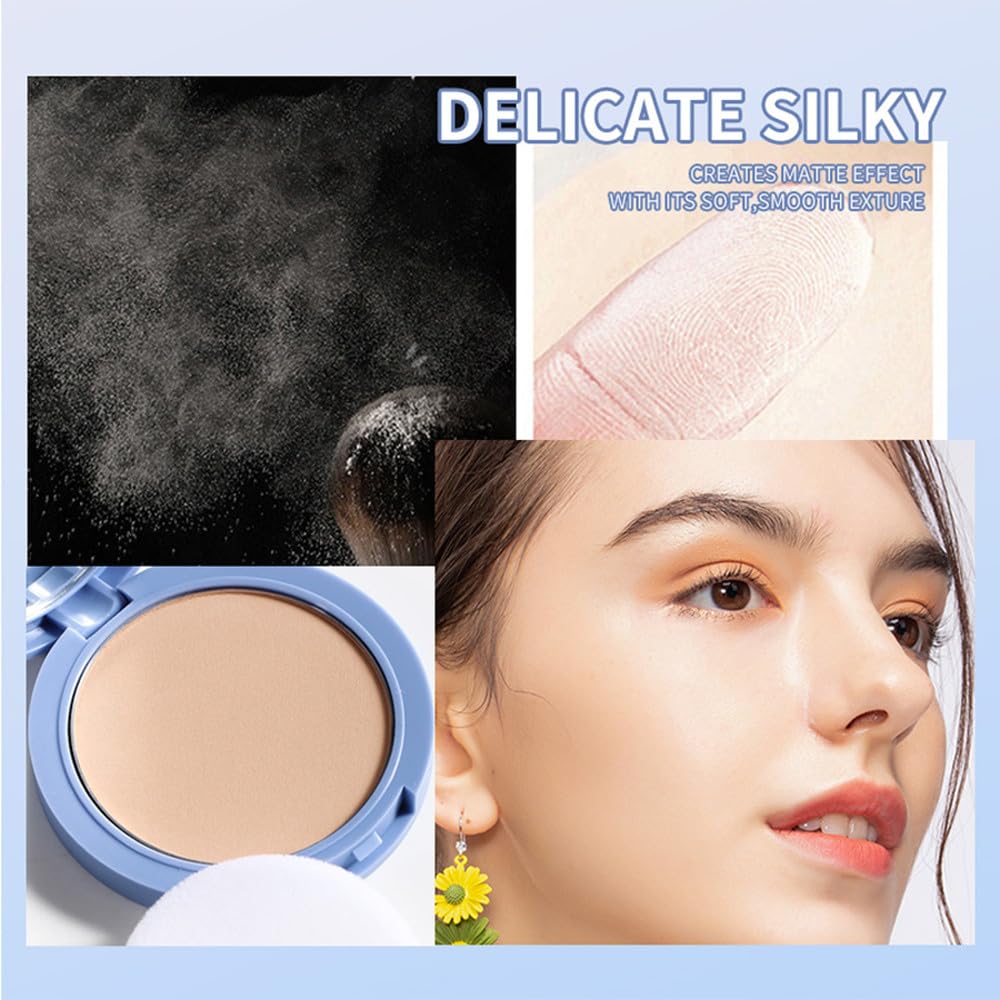 LAMUSELAND Pressed Powder Compact, Oil Control Brighten Skin 3 Color Face Powder, Whitening Highlighting Face Makeup Tools for Women Girls (JG04)