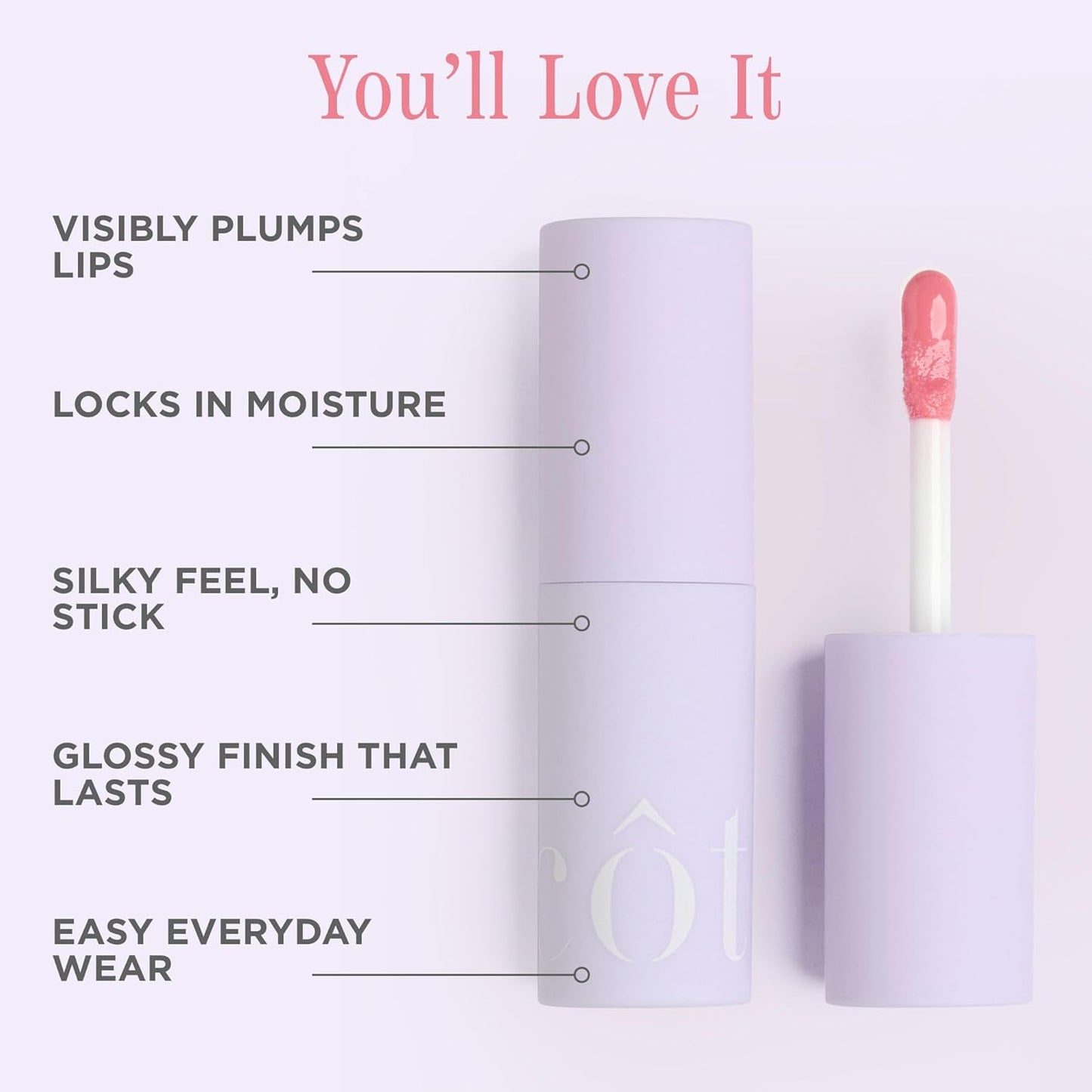 Côte Beauty's Peptide Lip Shine in Lyla, Ultra Hydrating & Long-Lasting Coral Plumping Lip Gloss for Women with Hyaluronic Acid, Shea Butter & Jojoba Oil, Vegan & Cruelty-Free, 0.12 Fl Oz
