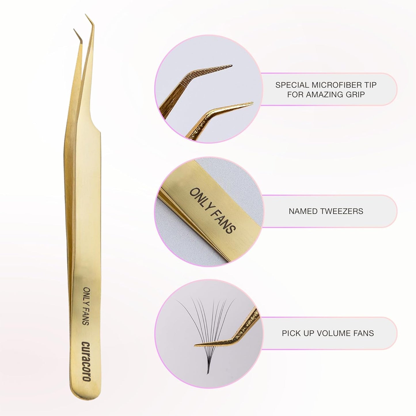 Curacoro Lash Tweezer - Professional & Precision Fiber Tip Grip Lash Tweezers for Eyelash Extensions, Multi Shapes & Purposes Tweezers for Volume, Isolation & Classic Lashes (Gold, Only Fan)