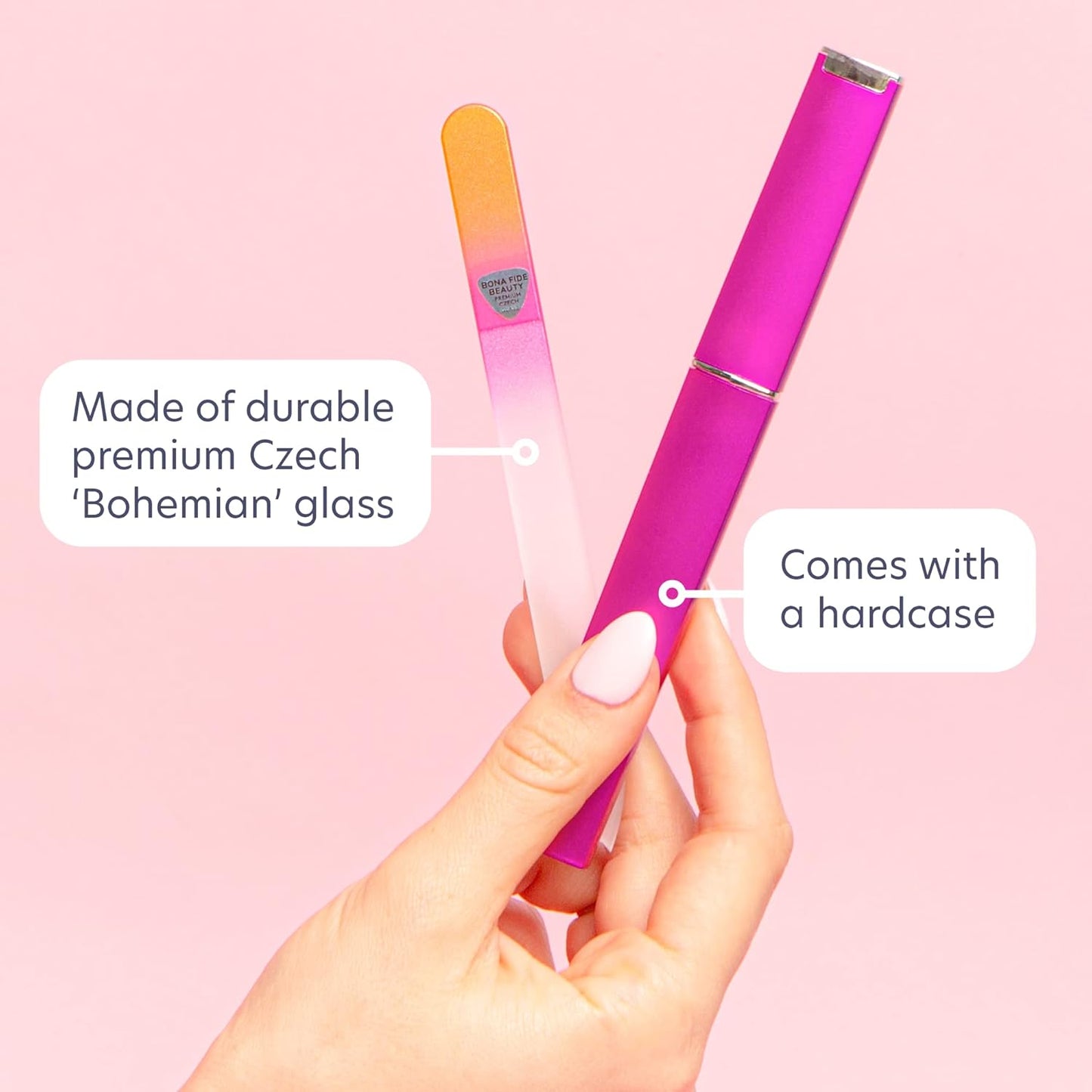 Bona Fide Beauty Glass Files for Nails, Professional Manicure Glass Fingernail Files with Case. 1-Piece Gold Magenta Nail File Made in The EU.
