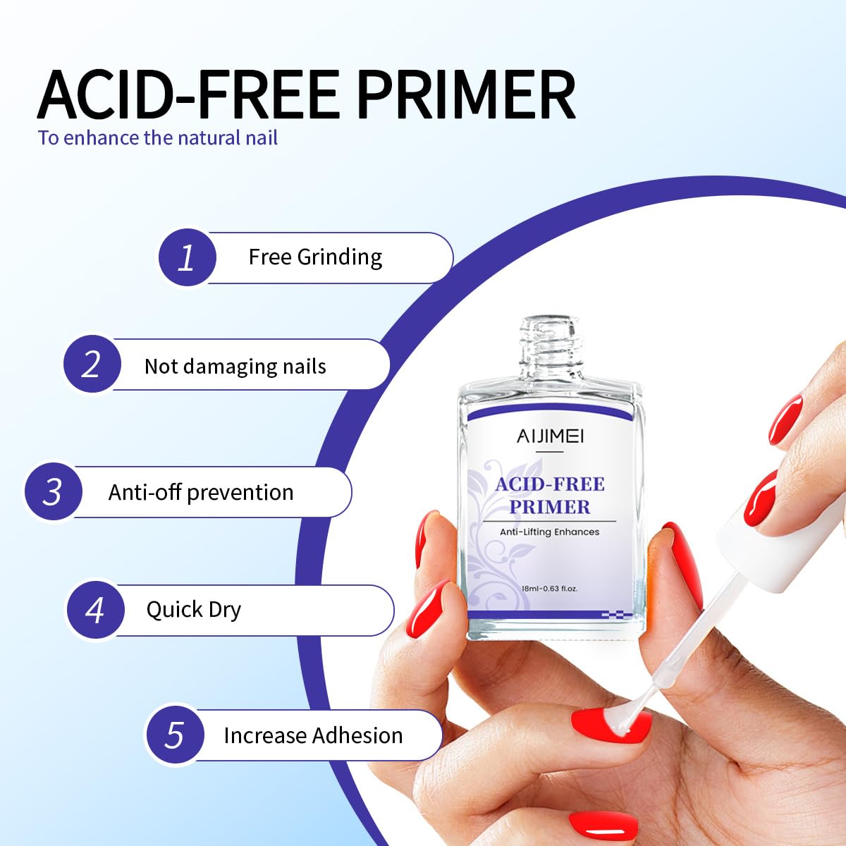 AIJIMEI Acid Free Primer 18ml/0.63fl.oz Acid Free Peel Adhesive Primer, Suitable For Gel Nail Polish, Nail Polish And Acrylic Powder Diy Nail Products In Home Salon