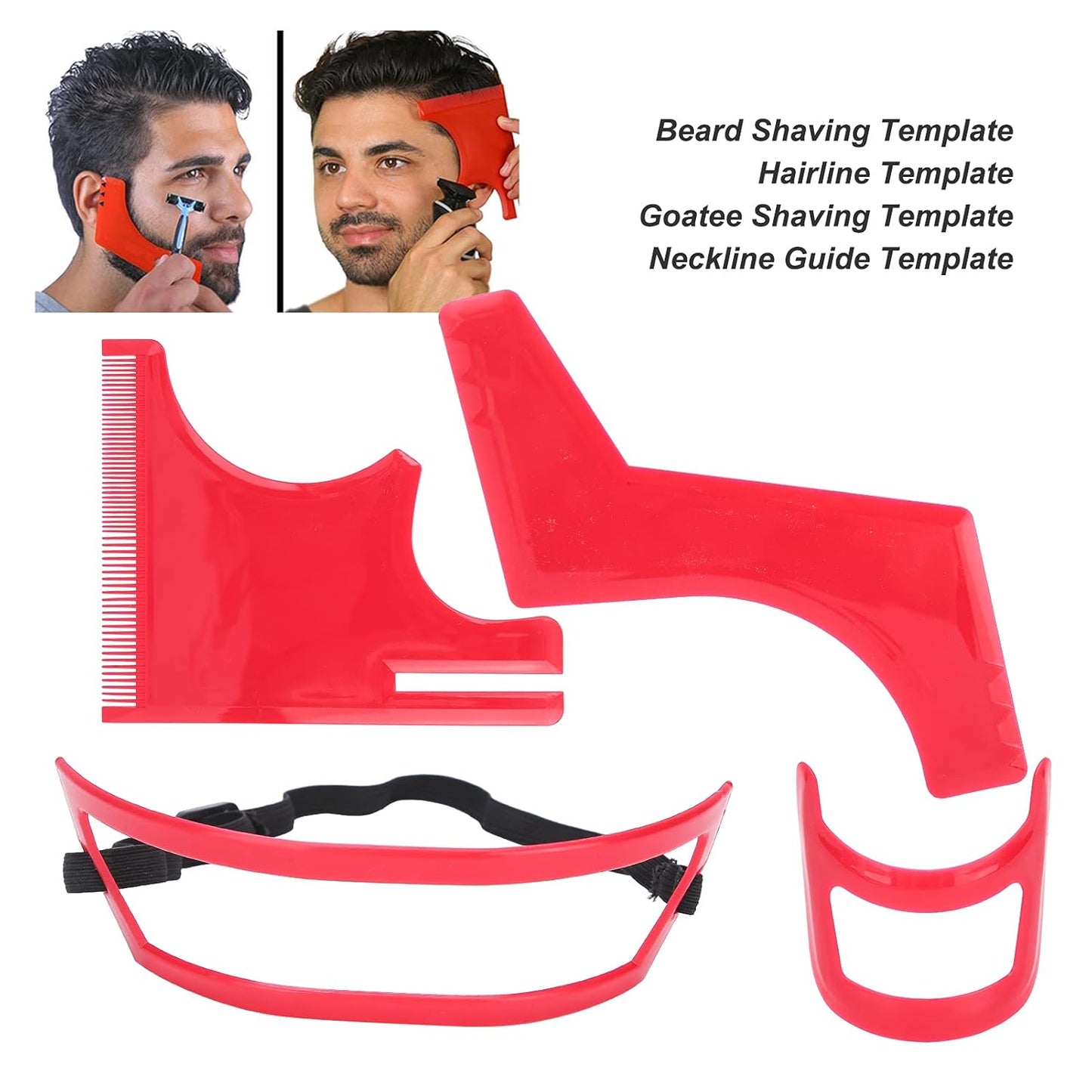 Beard Shaper Tool Kit for Beard Shaping & Styling with inbuilt Comb, Beard Styling Cutting Hairline Grooming Red Plastic Beard Template Set Shape Beard Lines, Beard Lineup