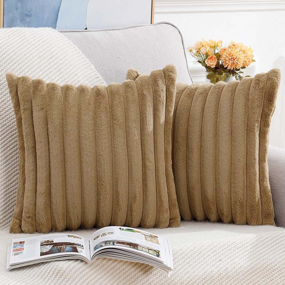 MADIZZ Set of 2 Faux Wool Plush Decorative Throw Pillow Covers 22x22 Inch Camel Fluffy Striped Soft Decorative Cushion Cover for Sofa Bedroom Pillow Shell