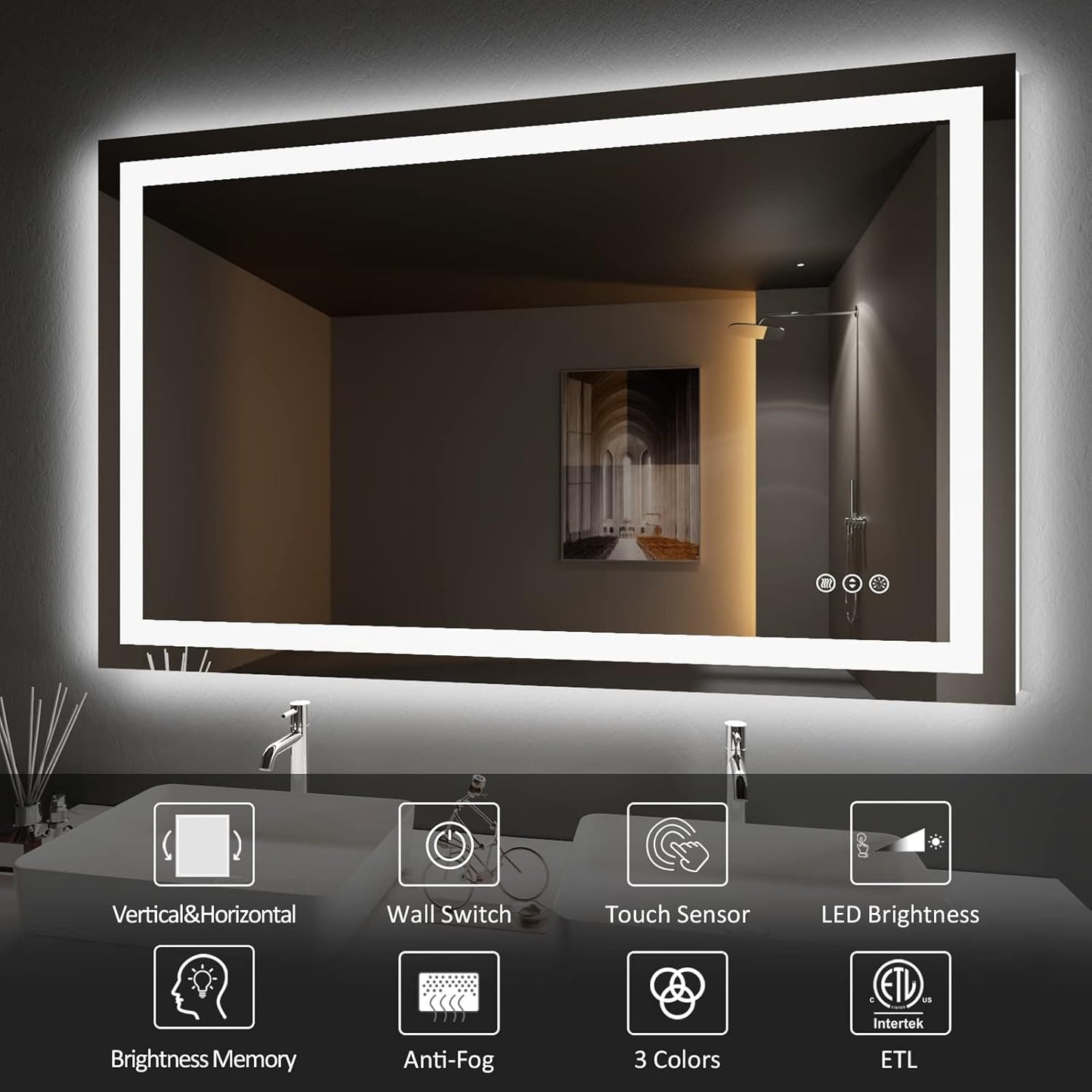 Amorho LED Bathroom Mirror 60" X32" with Front and Backlight, Stepless Dimmable Wall Mirrors with Anti-Fog, Shatter-Proof, Memory, 3 Colors, Double LED Vanity Mirror